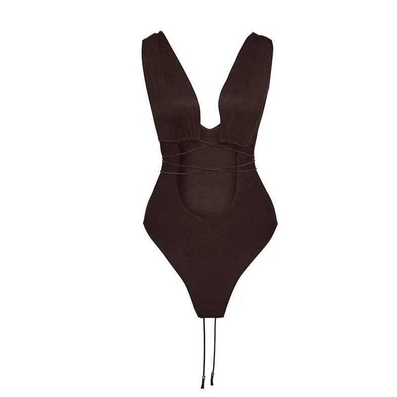 Brown Modal Soft Jersey Criss Cross Bodysuit