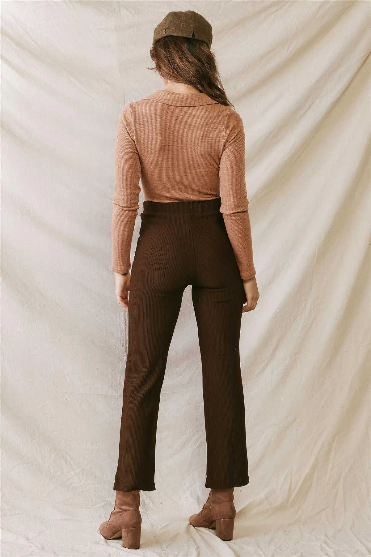 Brown Ribbed High Waist Fitted Pants /3-2-1