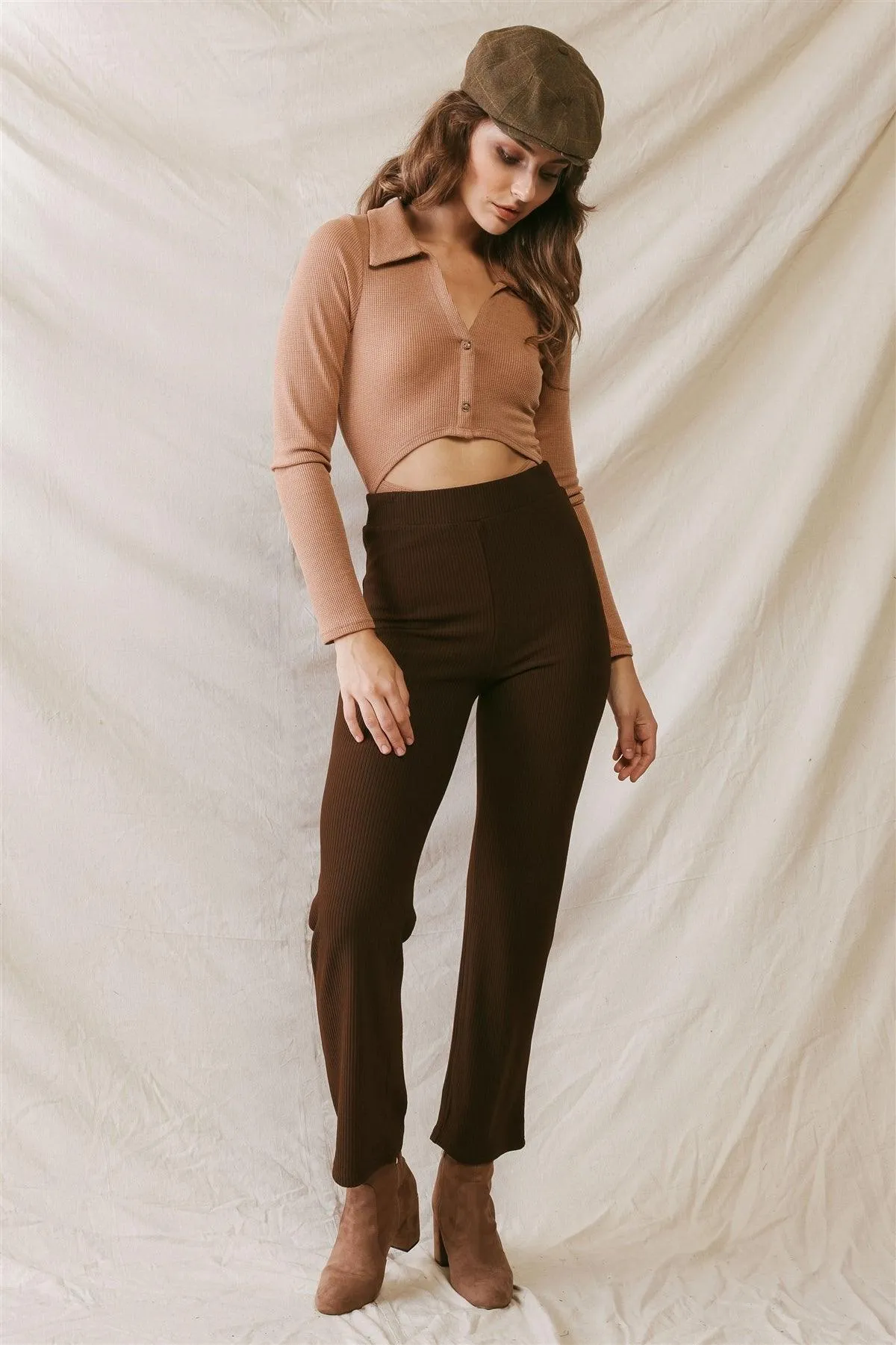 Brown Ribbed High Waist Fitted Pants /3-2-1