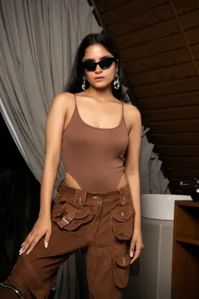 Brown Solid Ribbed High Cut Bodysuit