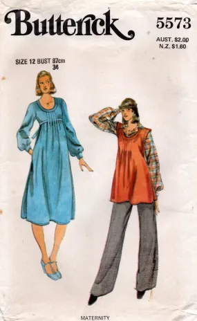 Butterick 5573 Womens Maternity Dress Tunic Top & Pants 1970s Vintage Sewing Pattern Size 12 UNCUT Factory Folded