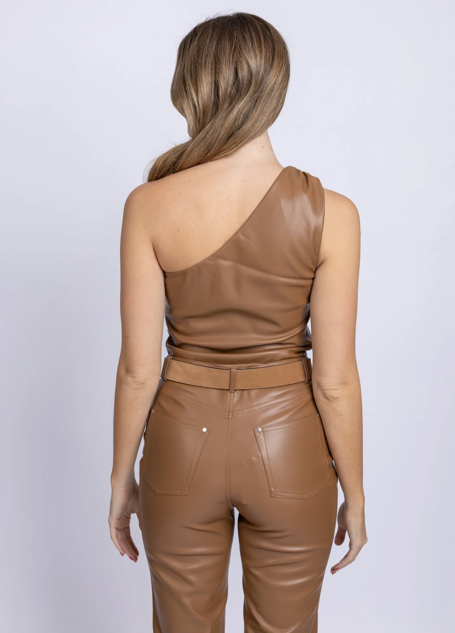 Cami Chrissa Vegan Leather Bodysuit in Carmel