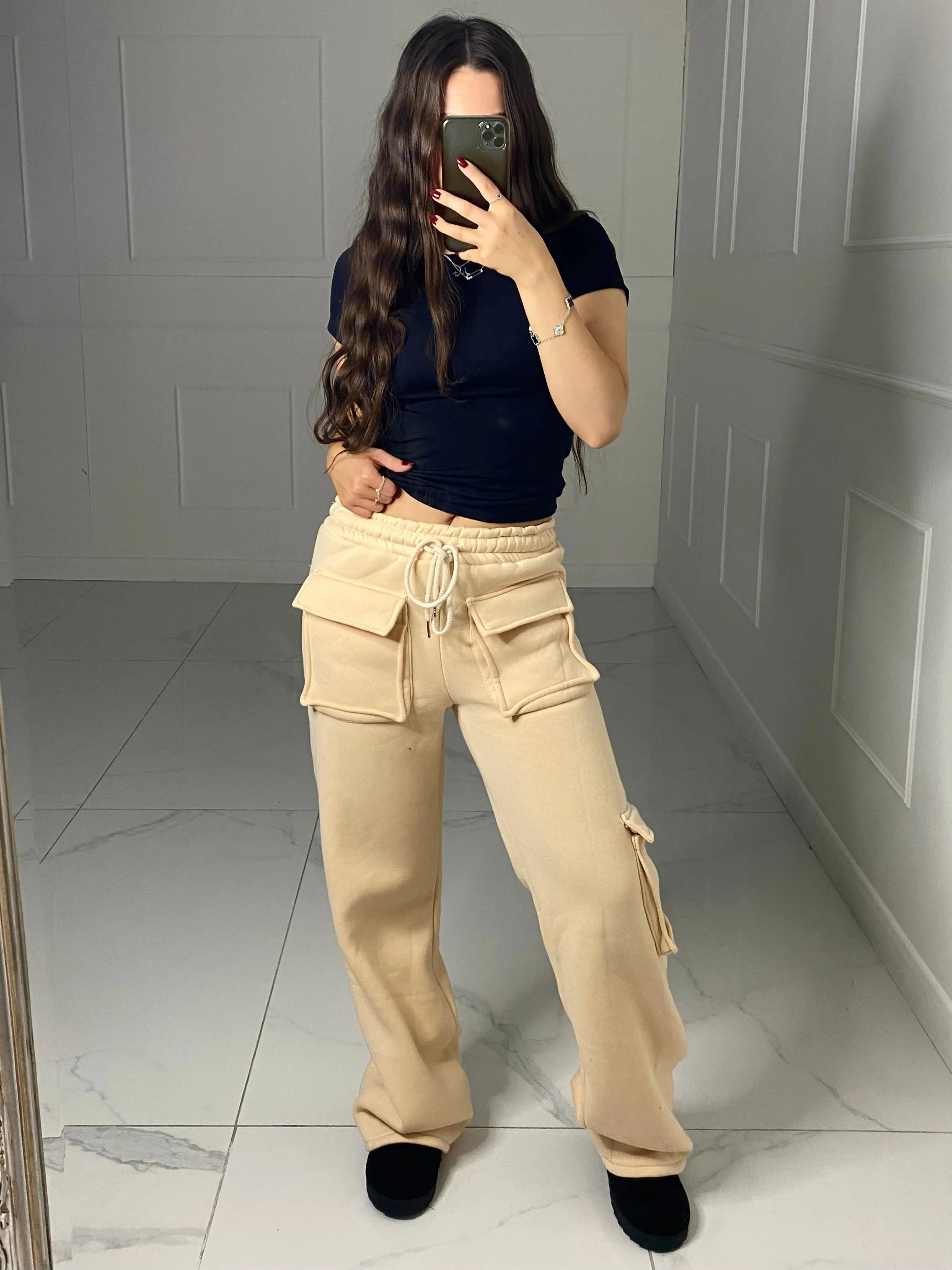 Cargo Pocket Detail Wide Leg Joggers - Beige