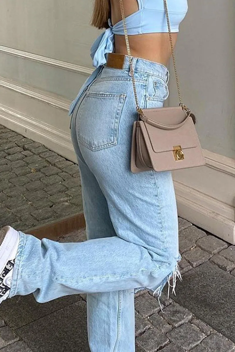 Casual Solid Ripped High Waist Denim Jeans