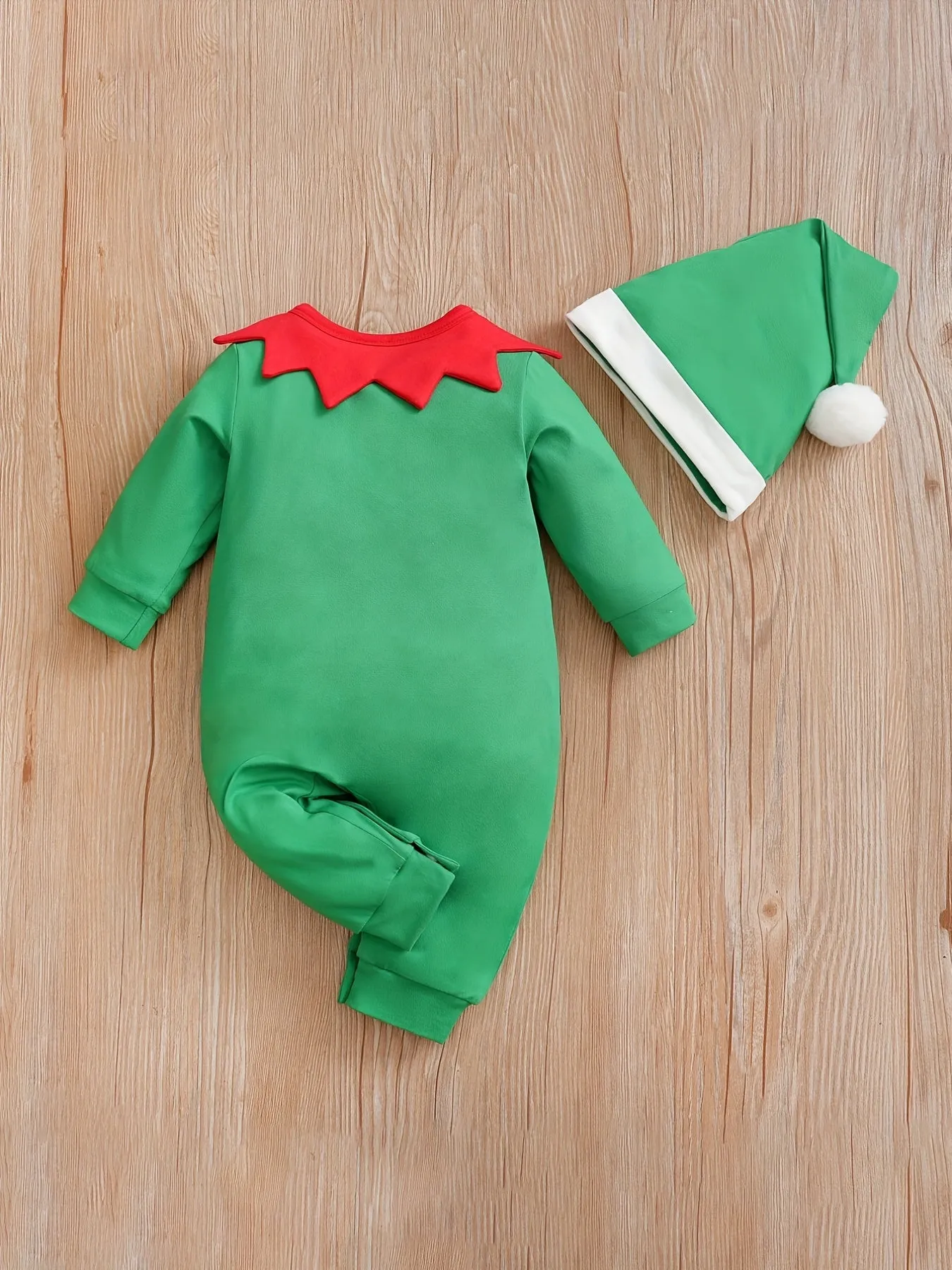 Christmas Cute Elf Shaped Party Onesie, Casual Toddler Baby Bodysuit Hat Included