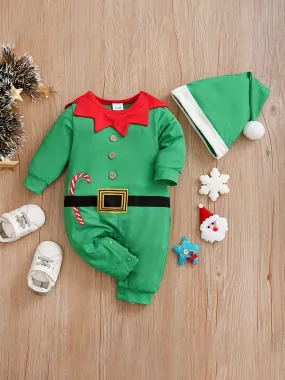 Christmas Cute Elf Shaped Party Onesie, Casual Toddler Baby Bodysuit Hat Included