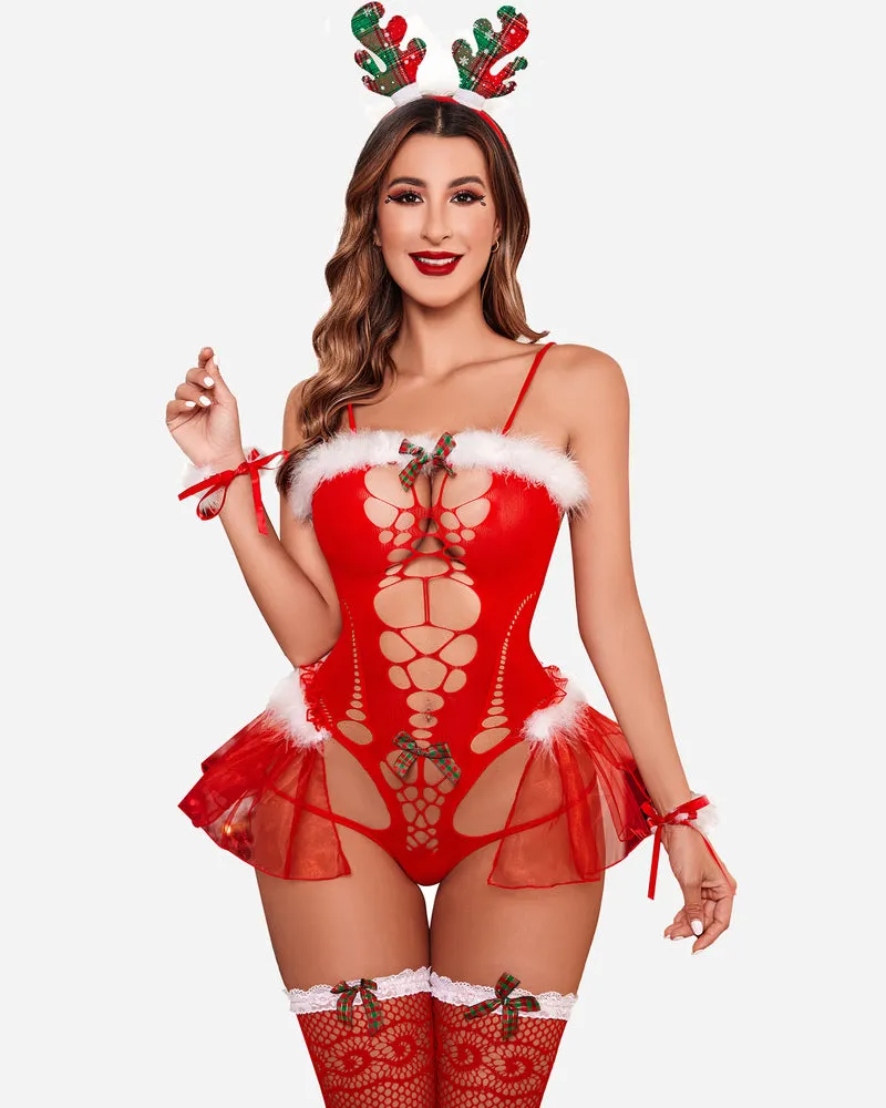 Christmas Red Lace Bodysuit with Stockings