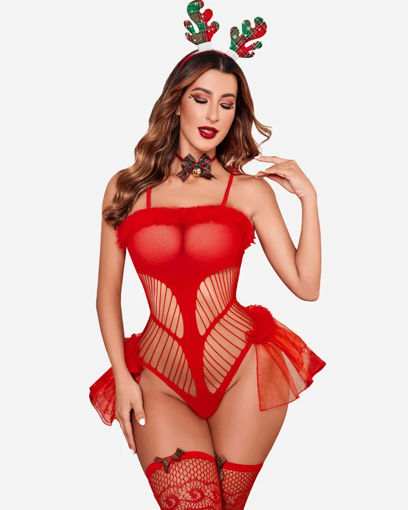 Christmas Red Lace Bodysuit with Stockings