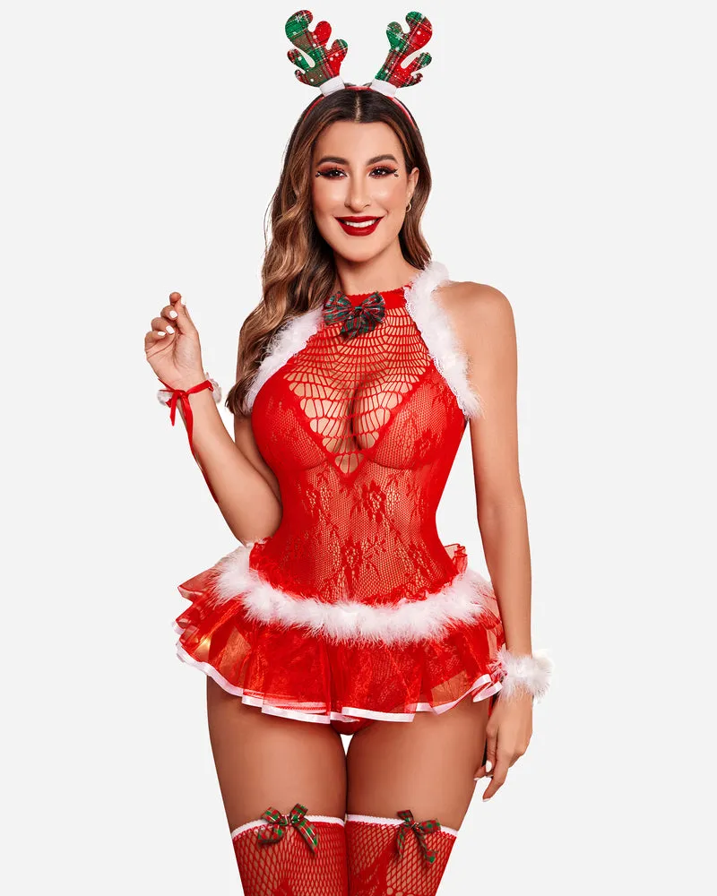 Christmas Red Lace Bodysuit with Stockings