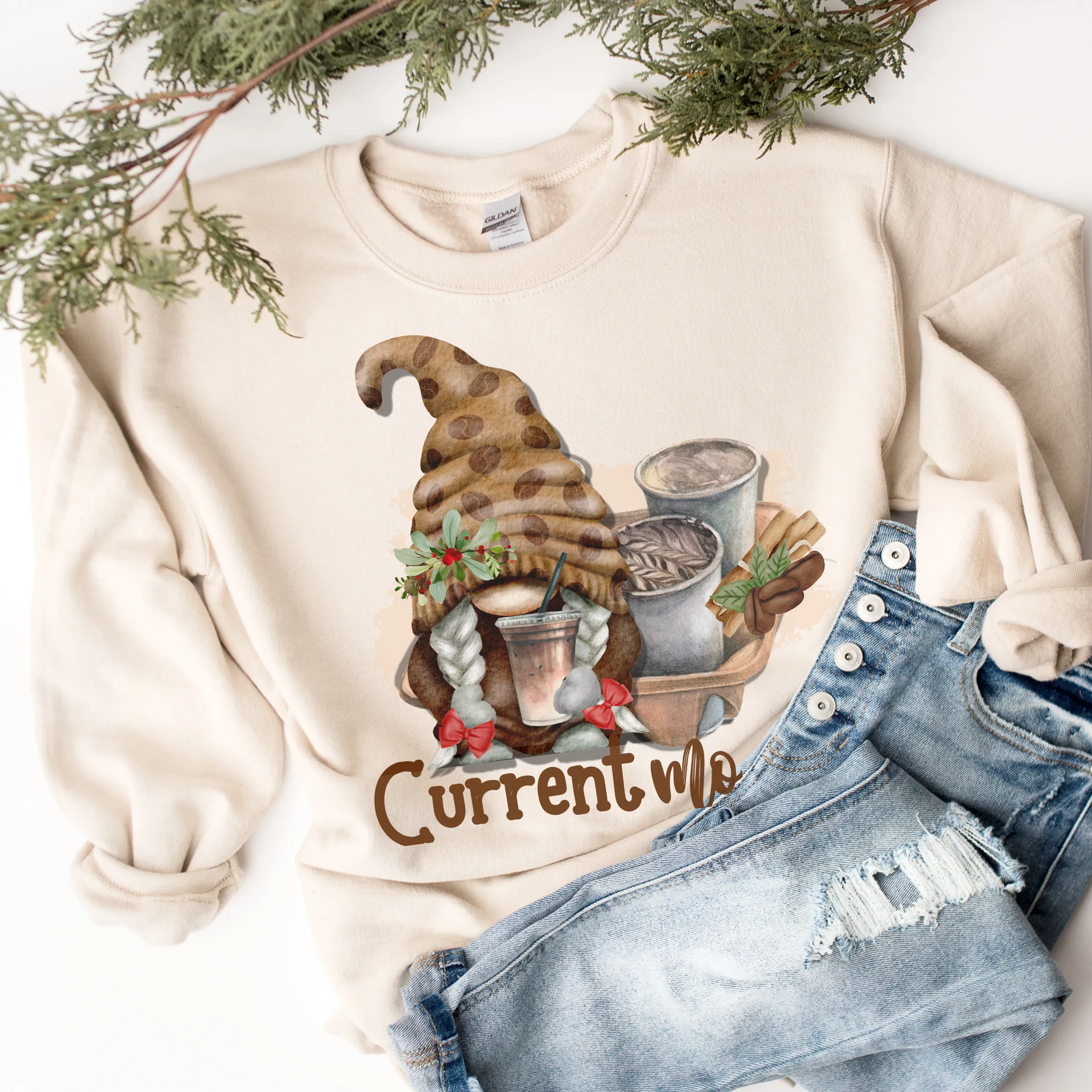 Christmas Women's Unisex-Size Crewneck Sweatshirt Current Mood Coffee Cute Hand Drawn Watercolor Gnome in Ash, Sand, White or Navy