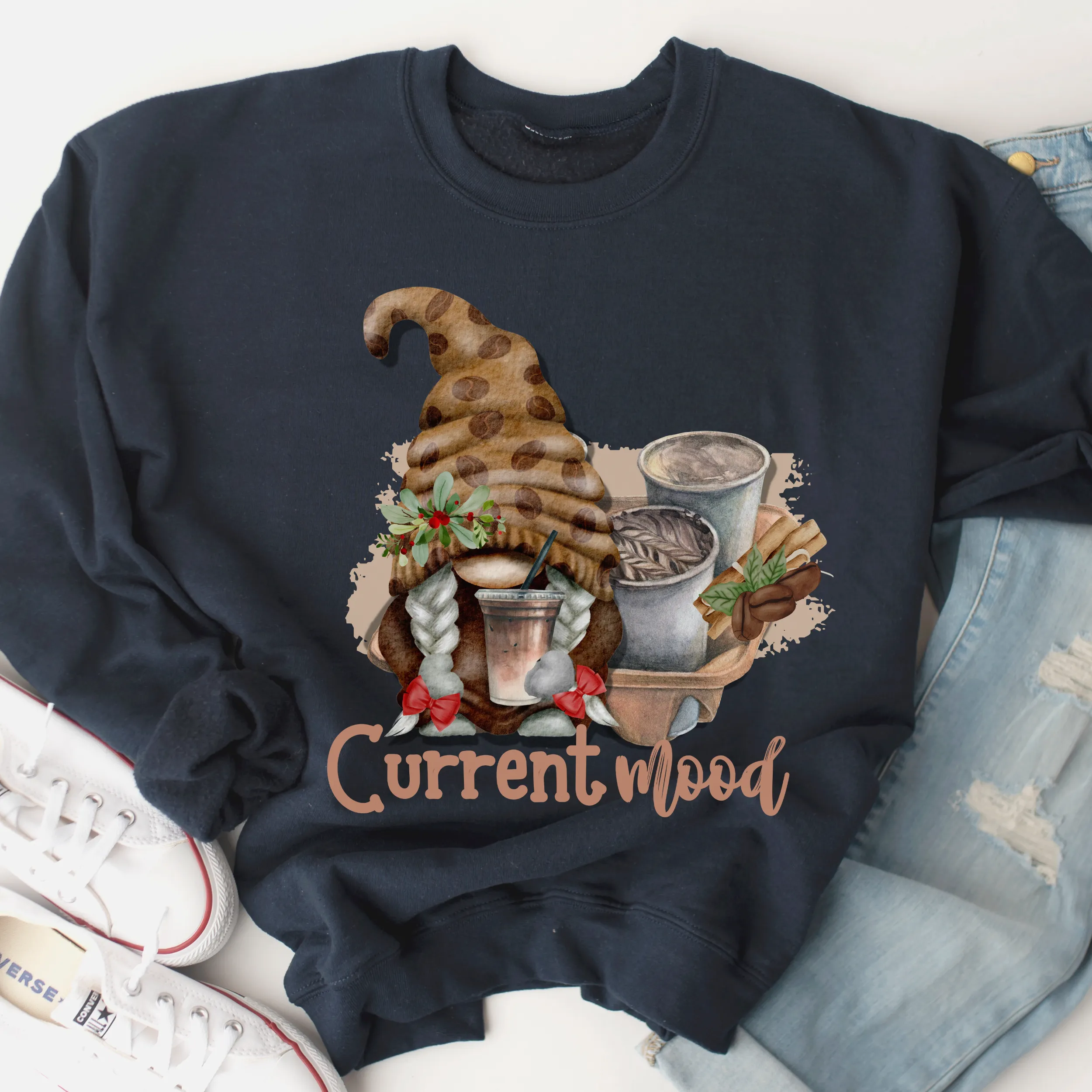 Christmas Women's Unisex-Size Crewneck Sweatshirt Current Mood Coffee Cute Hand Drawn Watercolor Gnome in Ash, Sand, White or Navy