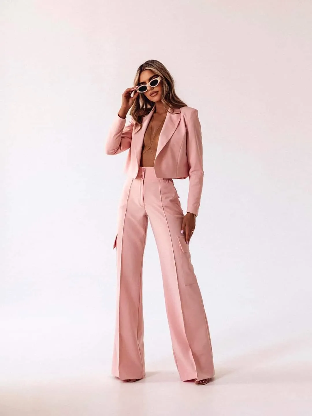 CLEARANCE - BLUSH PINK SET OF HIGH WAISTED PANTS AND CROPPED BLAZER