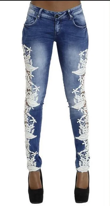 Clearance Lace Patchwork Hollow Skinny Straight High Waist Jeans