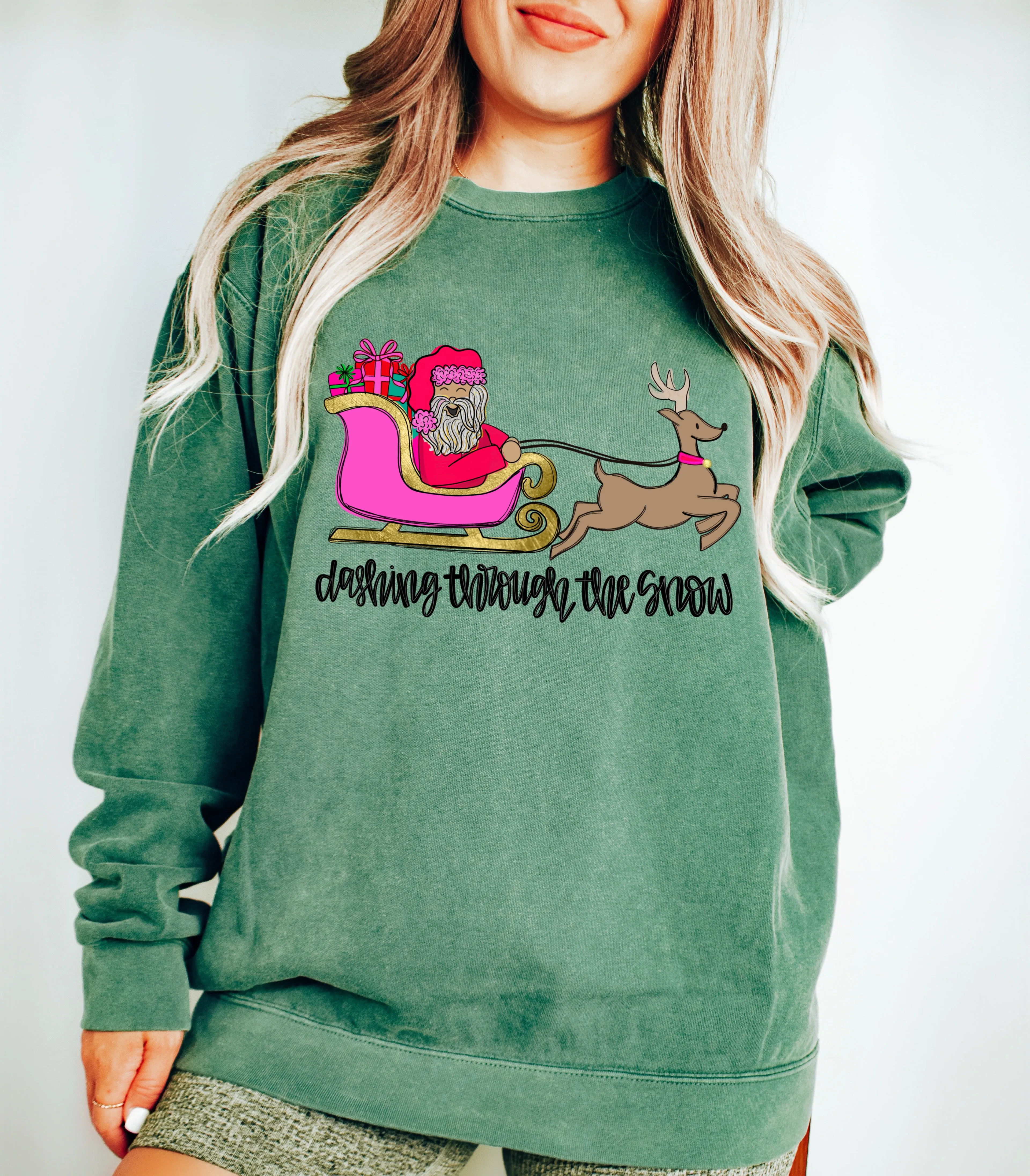 Comfort Colors Dashing Through The Snow Christmas Sweatshirt/ Direct To Film Transferred Faux Glitter Sweatshirt