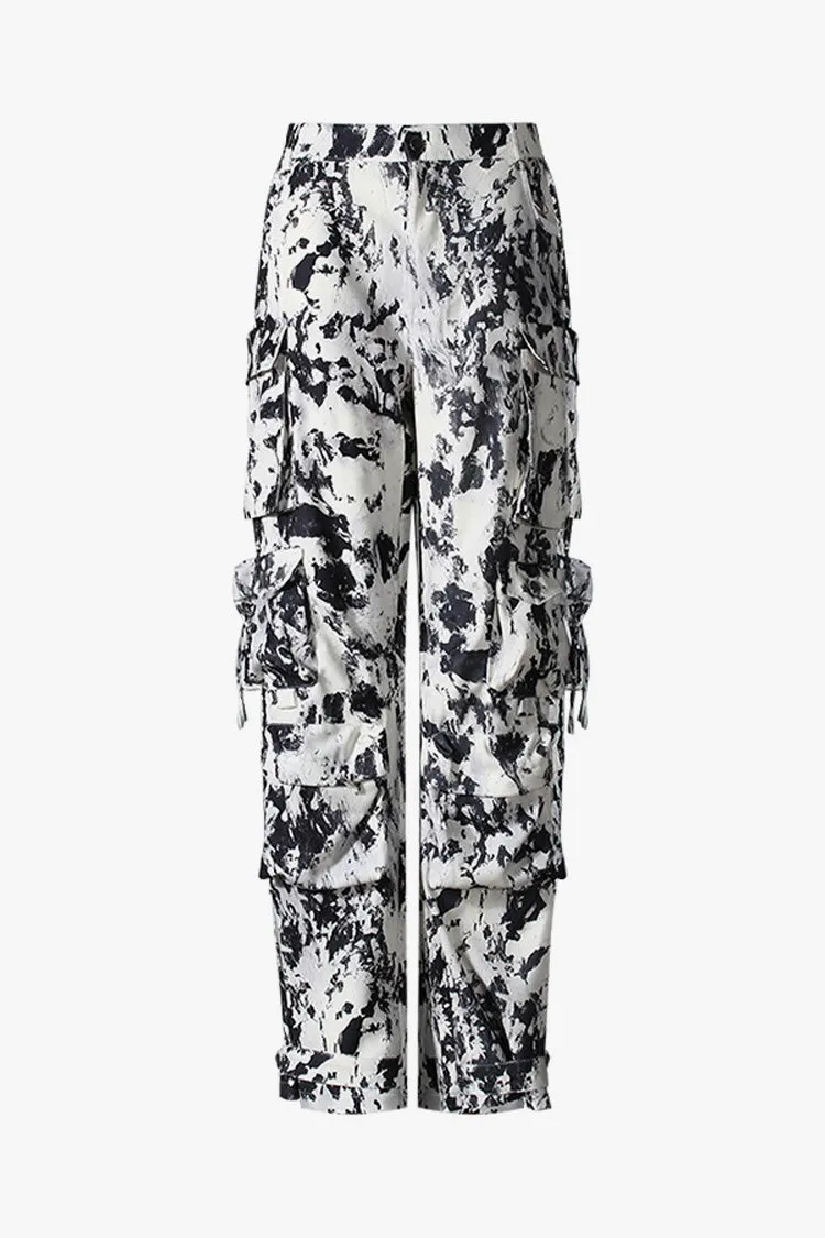 Cool Girl High Waist Splattered Paint Wide Leg Cotton Blend Cargo Pants