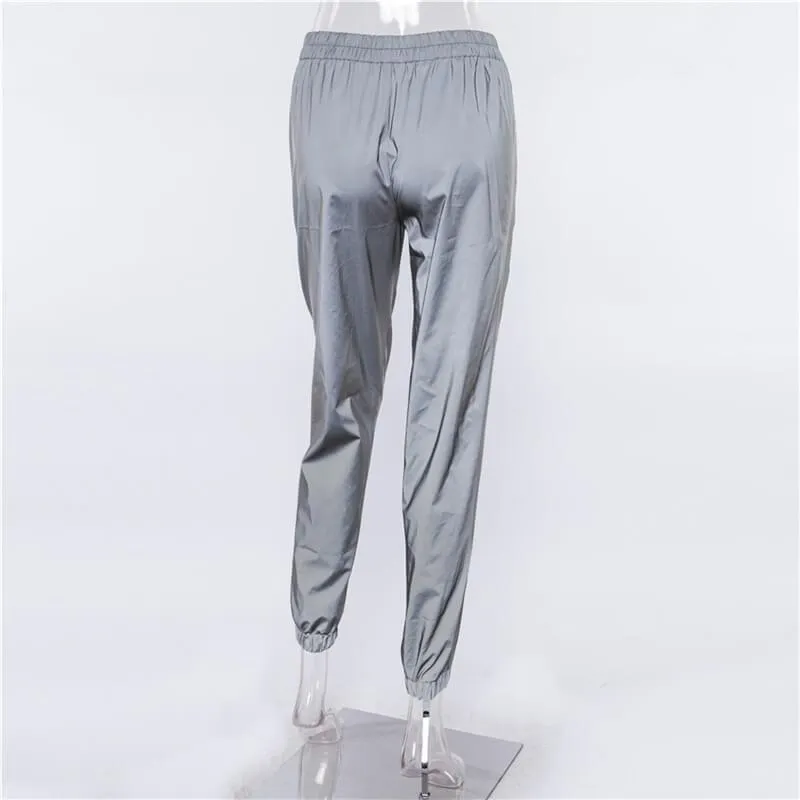 Cool High Waist Gray Elastic Waist Reflect Pants