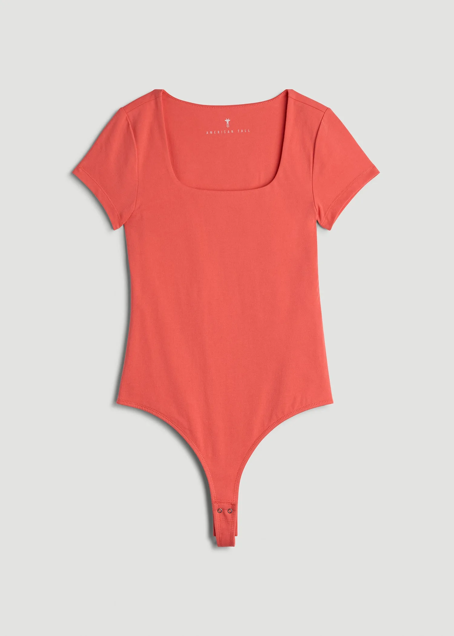 Cotton Blend Short Sleeve Squareneck Bodysuit for Tall Women in Sunset Coral