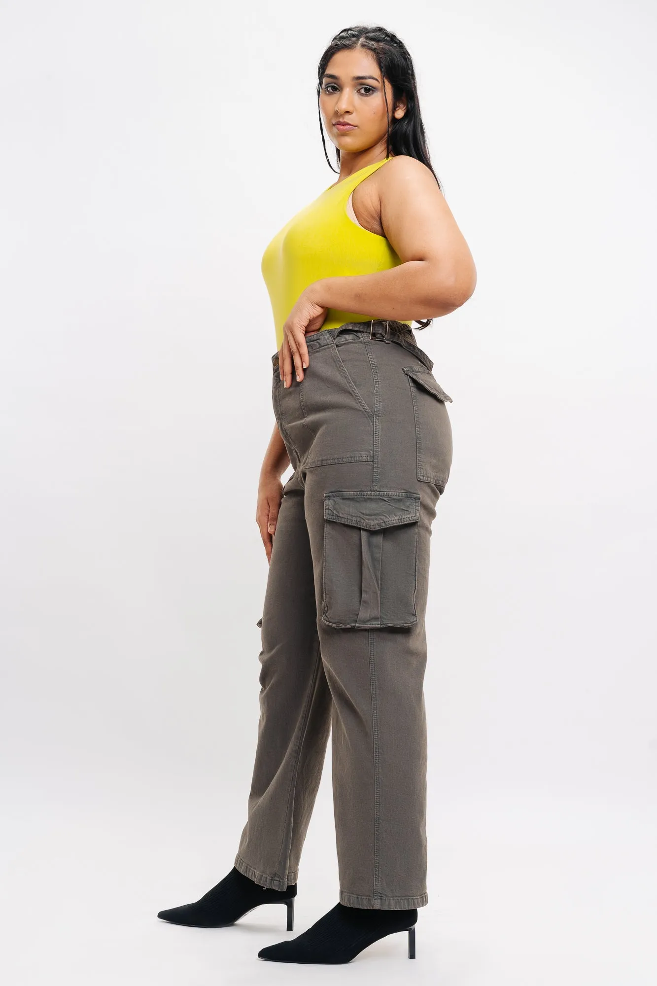 Curve Contrast Stitch Denim Grey Cargo Pants