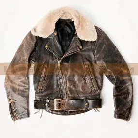 Detachable Fur Collar 60s Military Vintage Bomber Distressed Brown Mens Leather Jacket