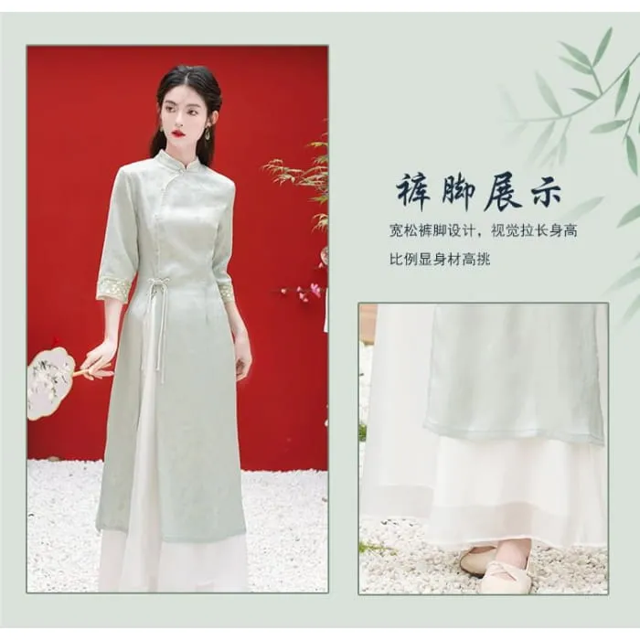 Elbow-Sleeve Floral Side-Slit Midi Hanfu Dress / High Waist Plain Wide Leg Pants / Set