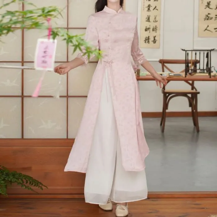 Elbow-Sleeve Floral Side-Slit Midi Hanfu Dress / High Waist Plain Wide Leg Pants / Set