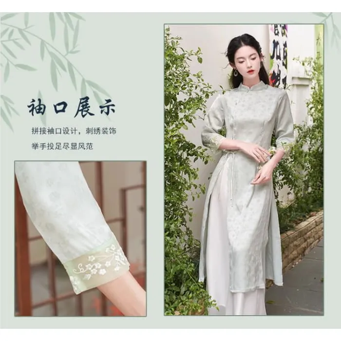 Elbow-Sleeve Floral Side-Slit Midi Hanfu Dress / High Waist Plain Wide Leg Pants / Set