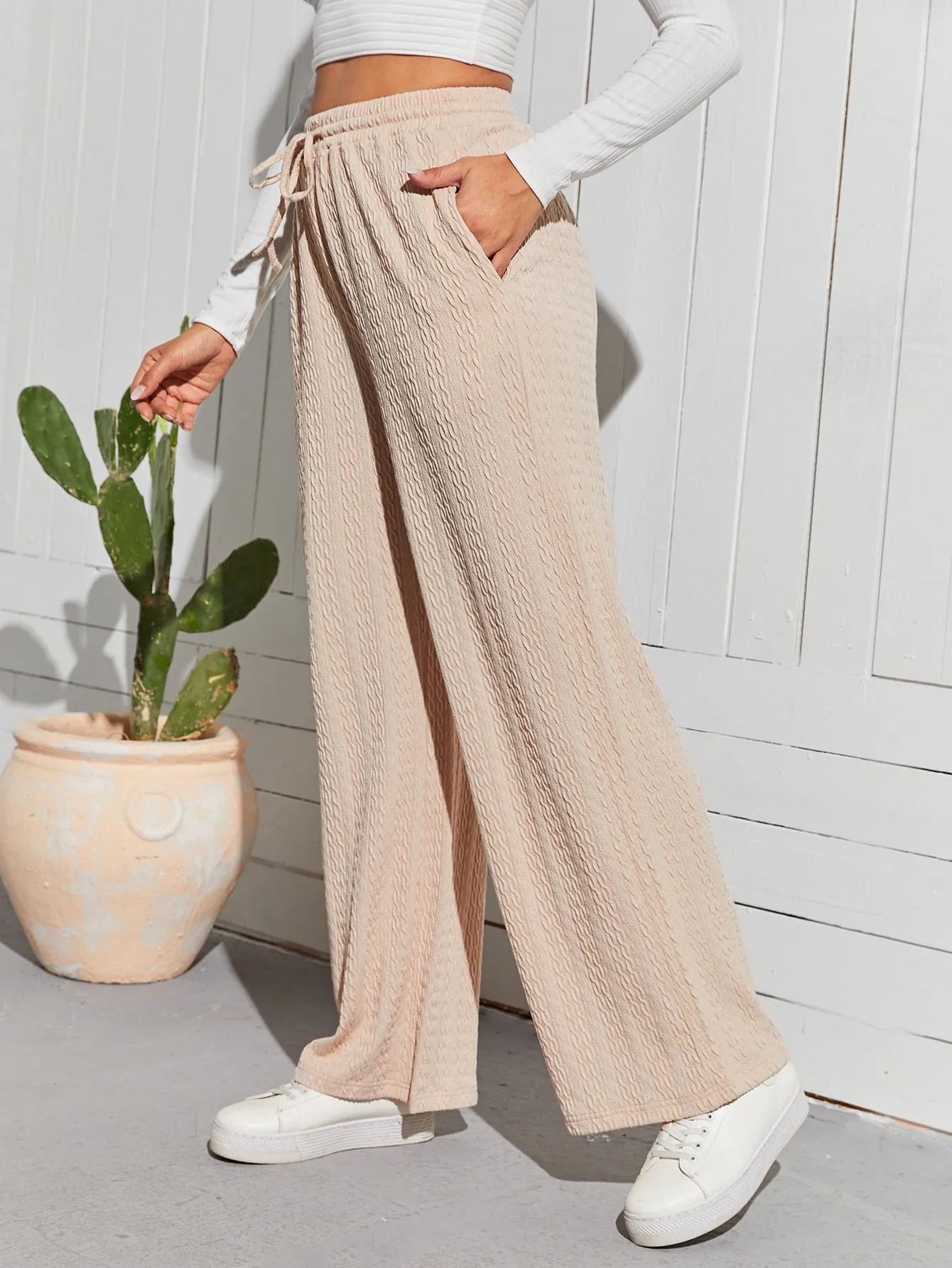 Elegant Plain Pocket High Waist Long Women Pants