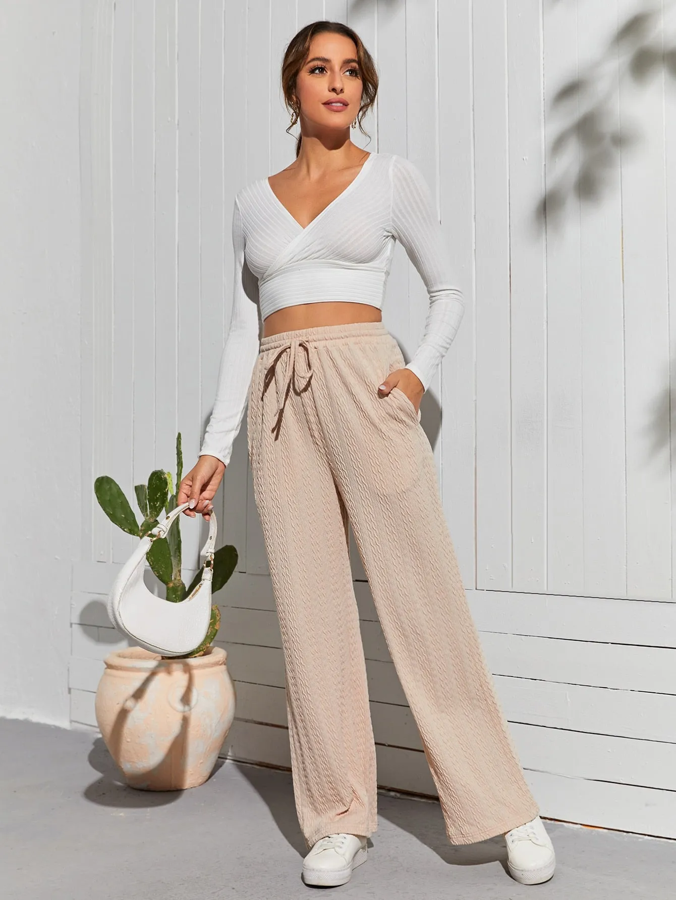 Elegant Plain Pocket High Waist Long Women Pants