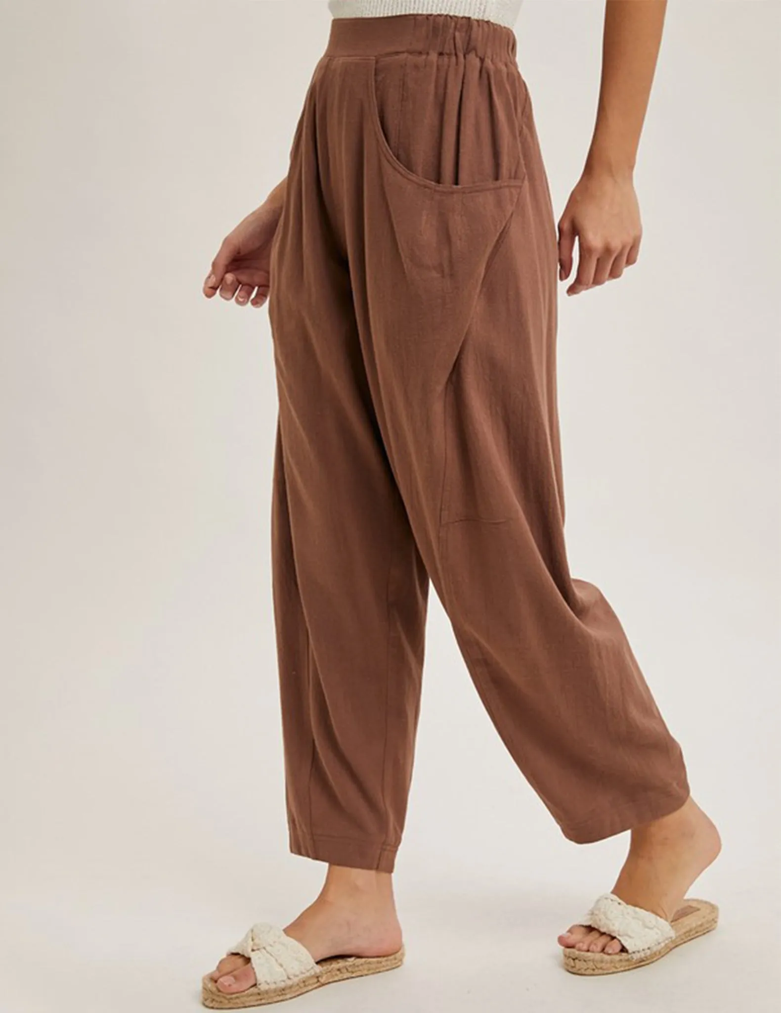 Eliza Chocolate Linen Blend Barrel Pants