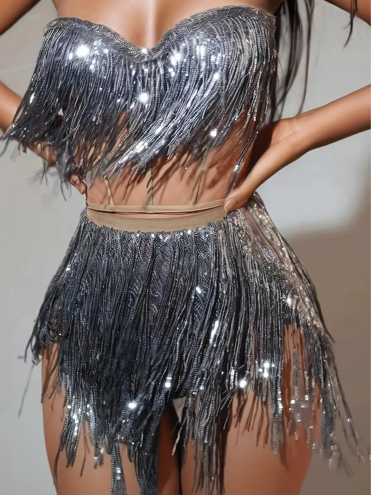 Emani Corset Glitter Fringe Bodysuit In Grey