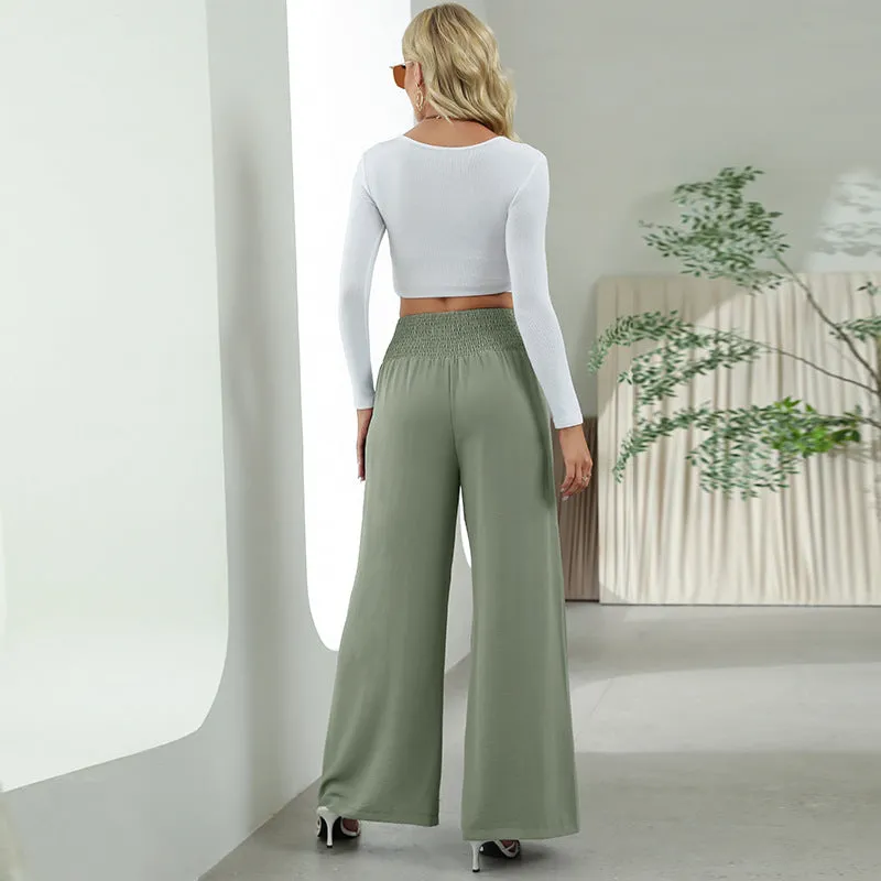 Fashion Elastic High Waist Wide Leg Trousers Wholesale Women Pants