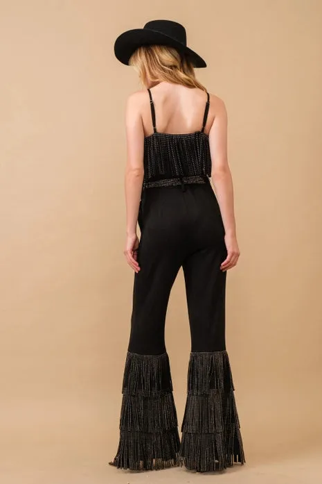 Faux Suede Stretch Tiered Studded Fringe Bodysuit