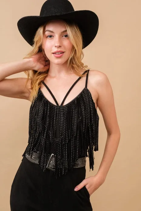 Faux Suede Stretch Tiered Studded Fringe Bodysuit