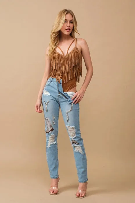 Faux Suede Stretch Tiered Studded Fringe Bodysuit