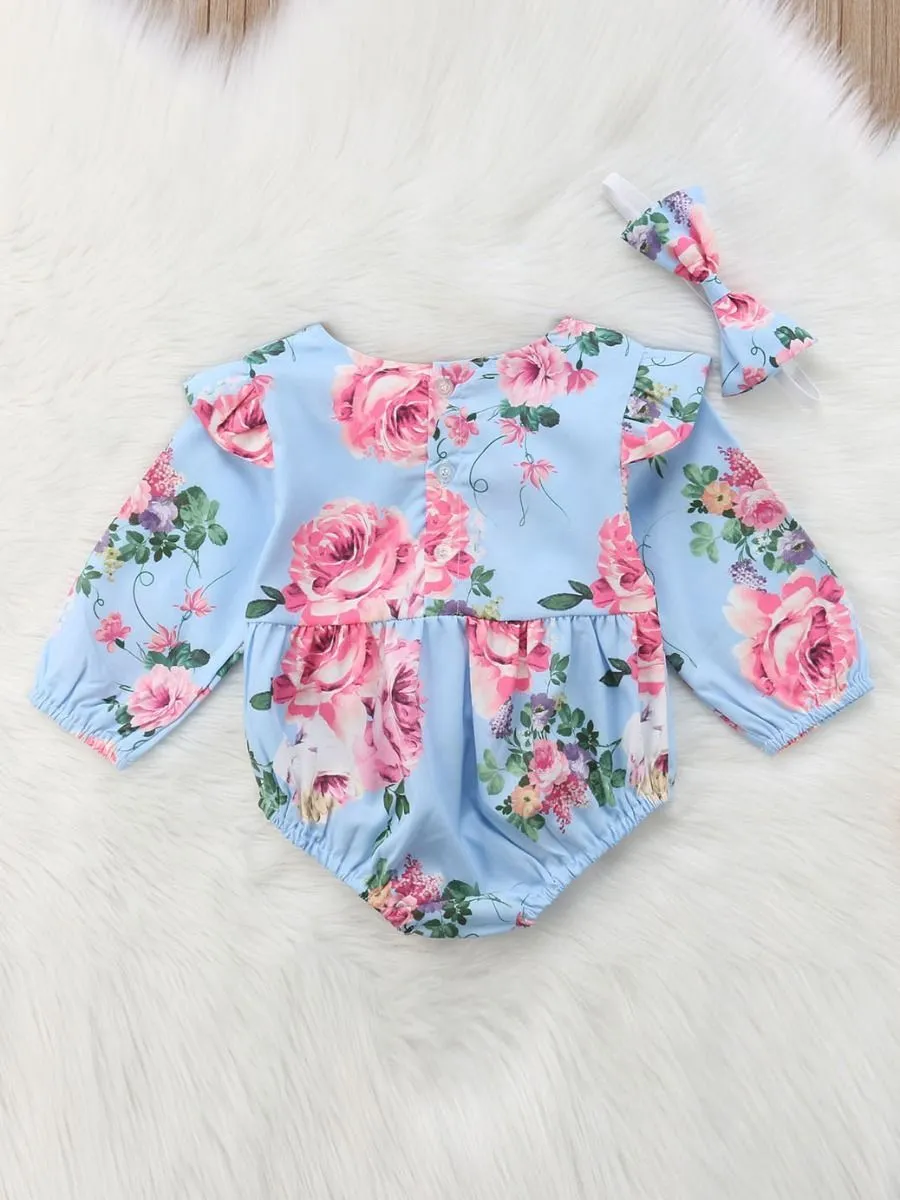 Flutter Sleeve Romper Infant Girl Bodysuit with Headband