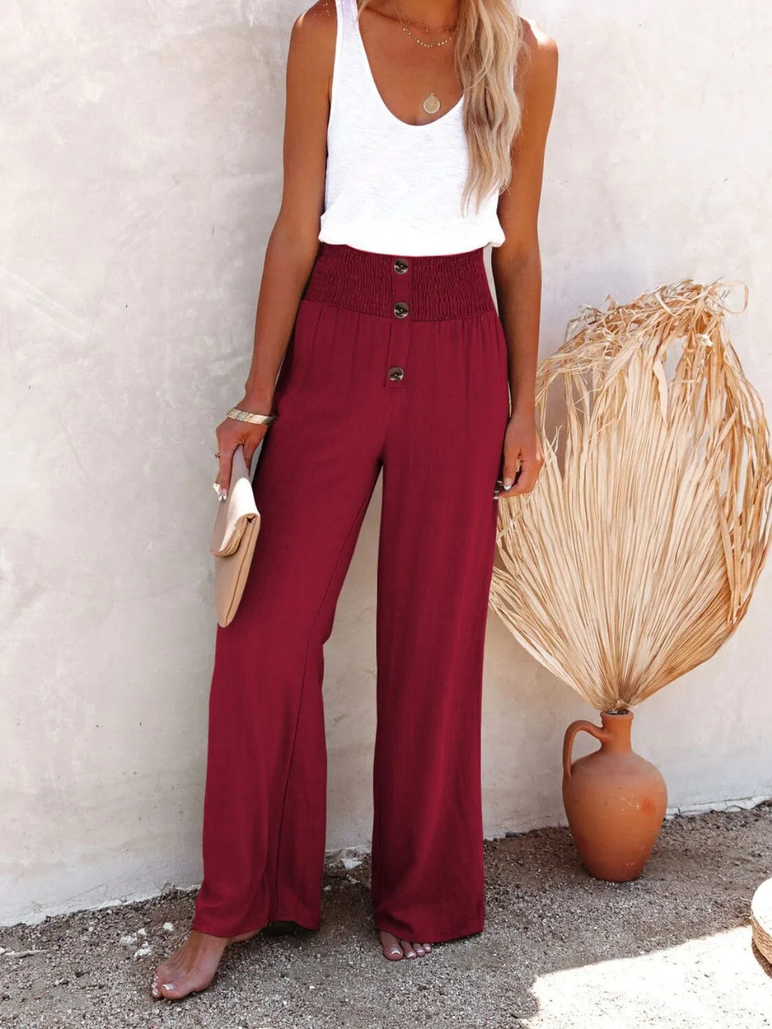 Full Size Decorative Button High Waist Pants