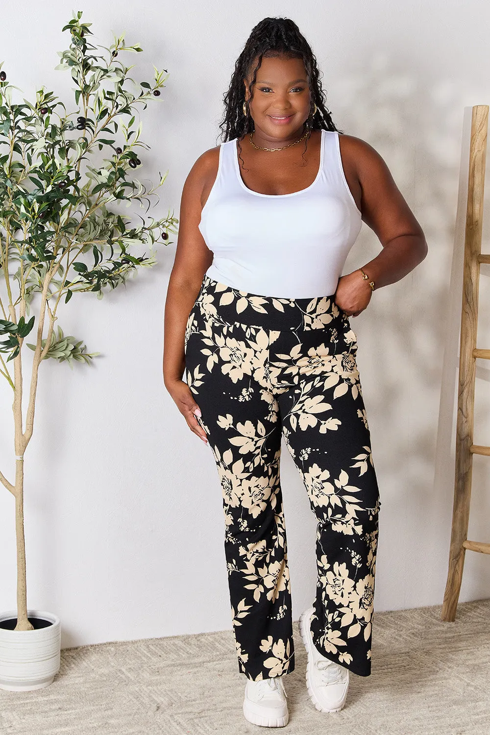 Full Size High Waist Floral Flare Pants