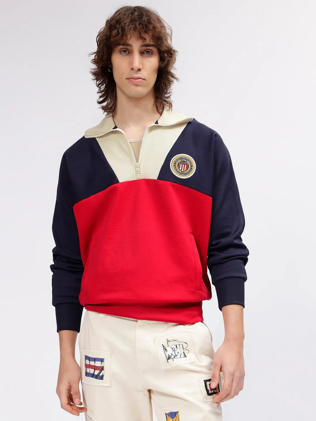 Gant Men Blue Colour blocked Spread Collar Full Sleeves Sweatshirt