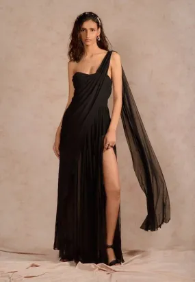 Georgette draped maxi dress in black