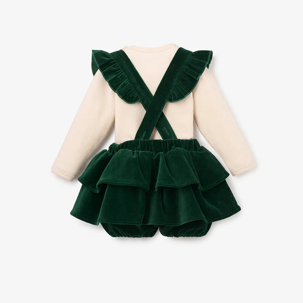 Green Velvet Ruffle Bloomer w/ Straps & Bodysuit