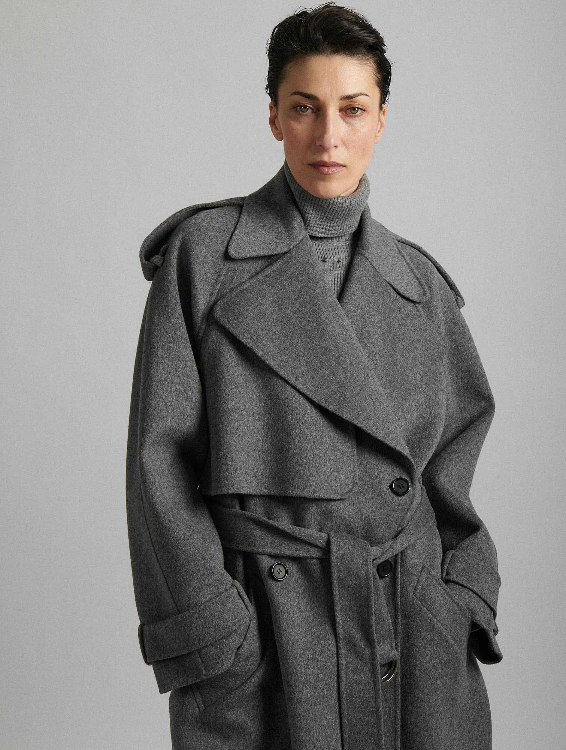 Grey double-faced wool belted coat