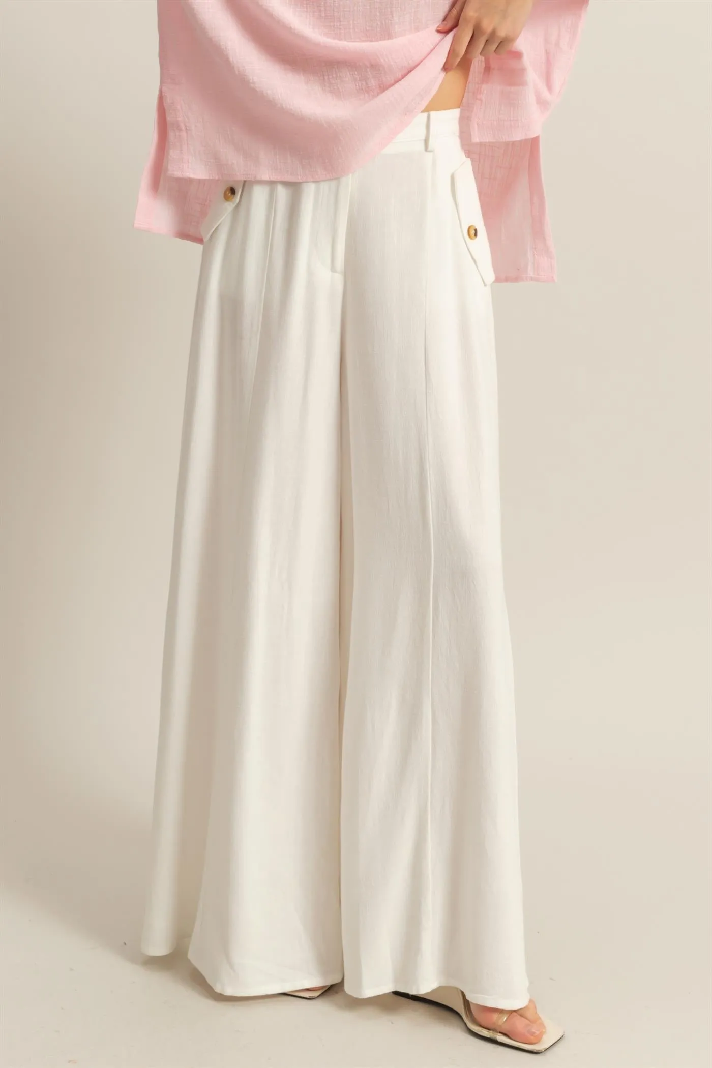 HF25C204-Linen Blended High Waist Flowy Pants