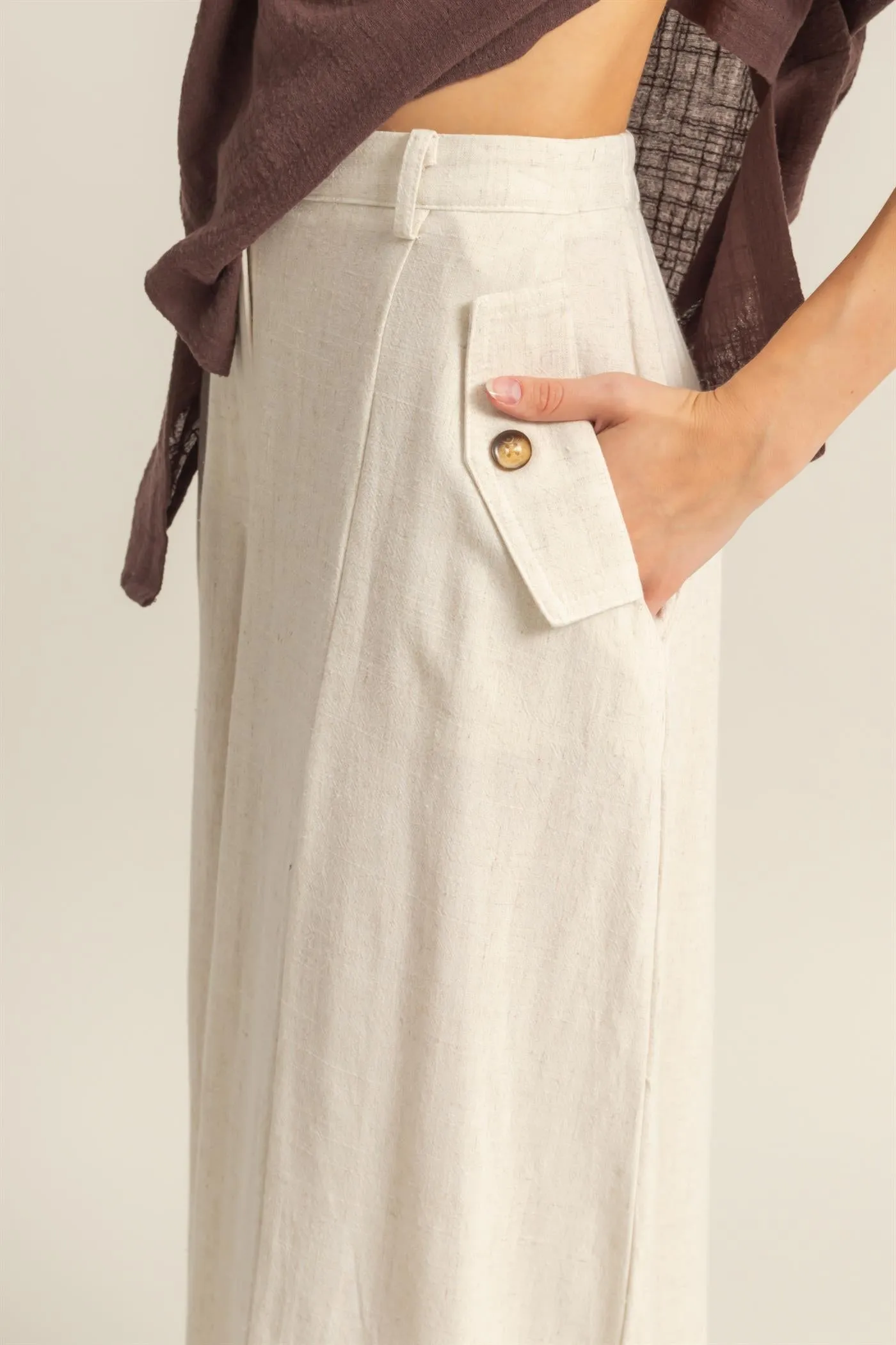 HF25C204-Linen Blended High Waist Flowy Pants