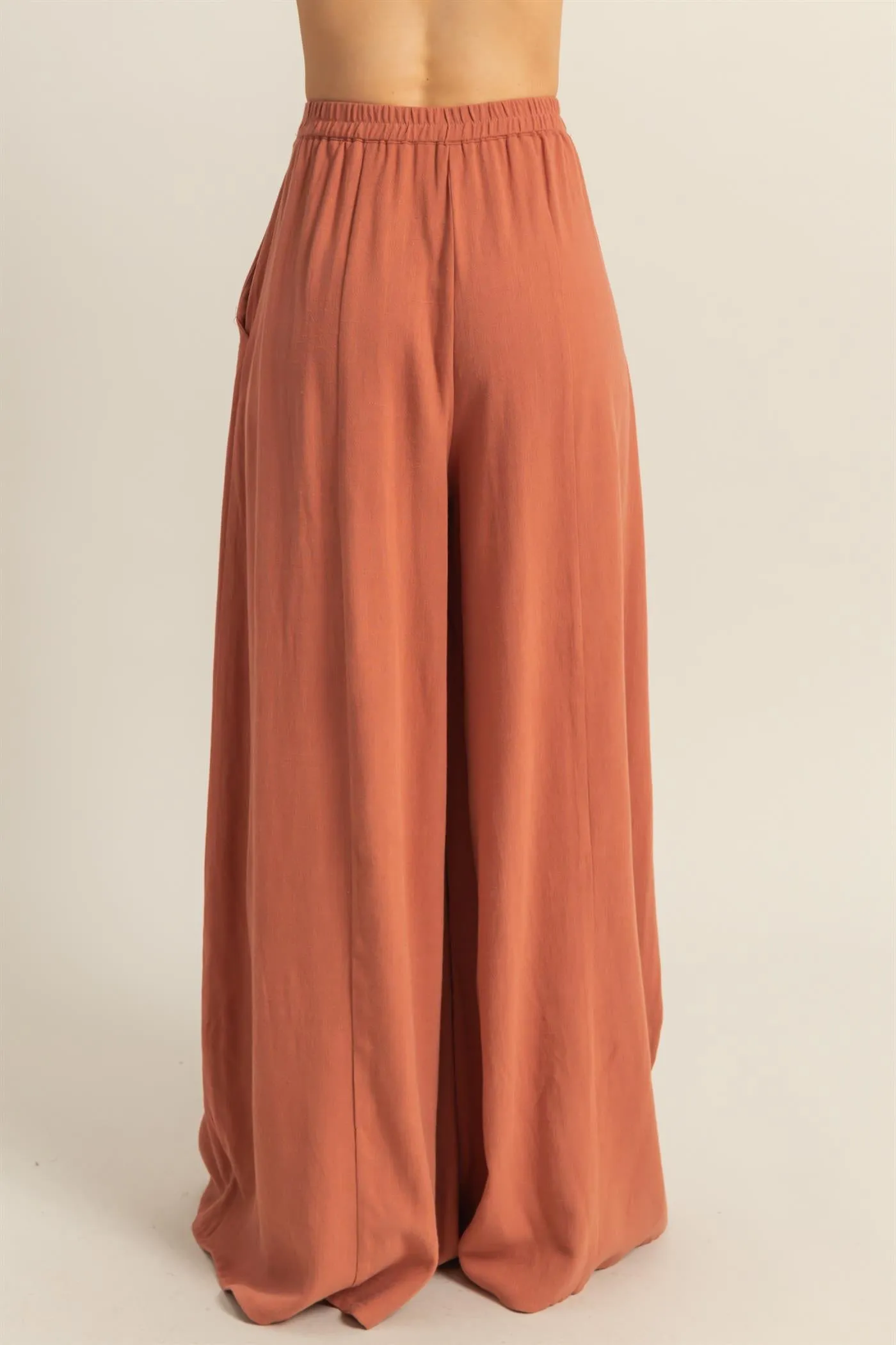 HF25C204-Linen Blended High Waist Flowy Pants