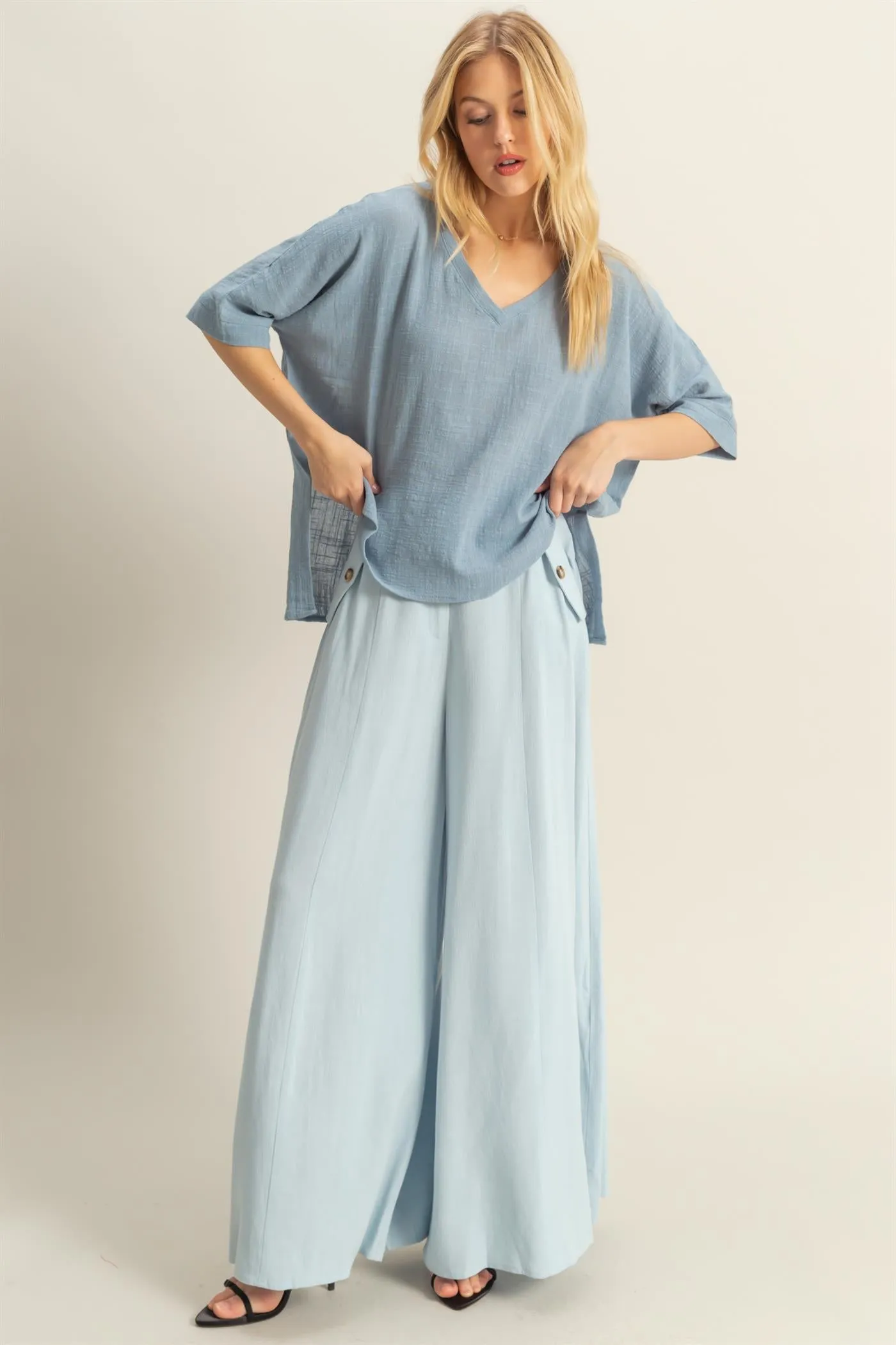 HF25C204-Linen Blended High Waist Flowy Pants