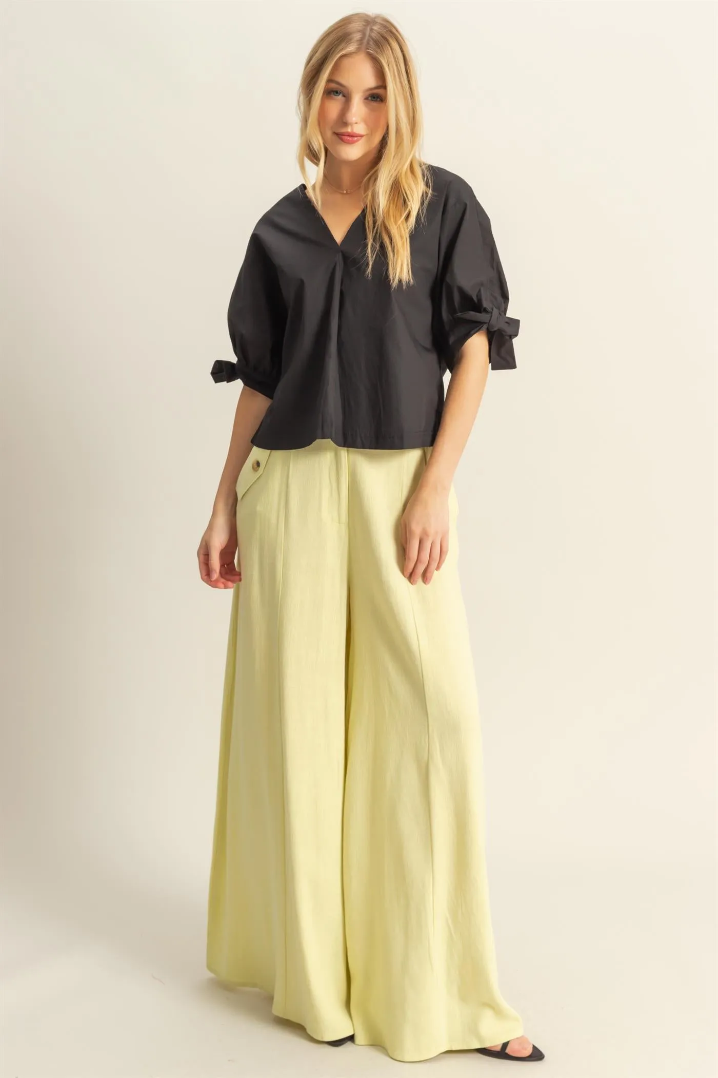 HF25C204-Linen Blended High Waist Flowy Pants