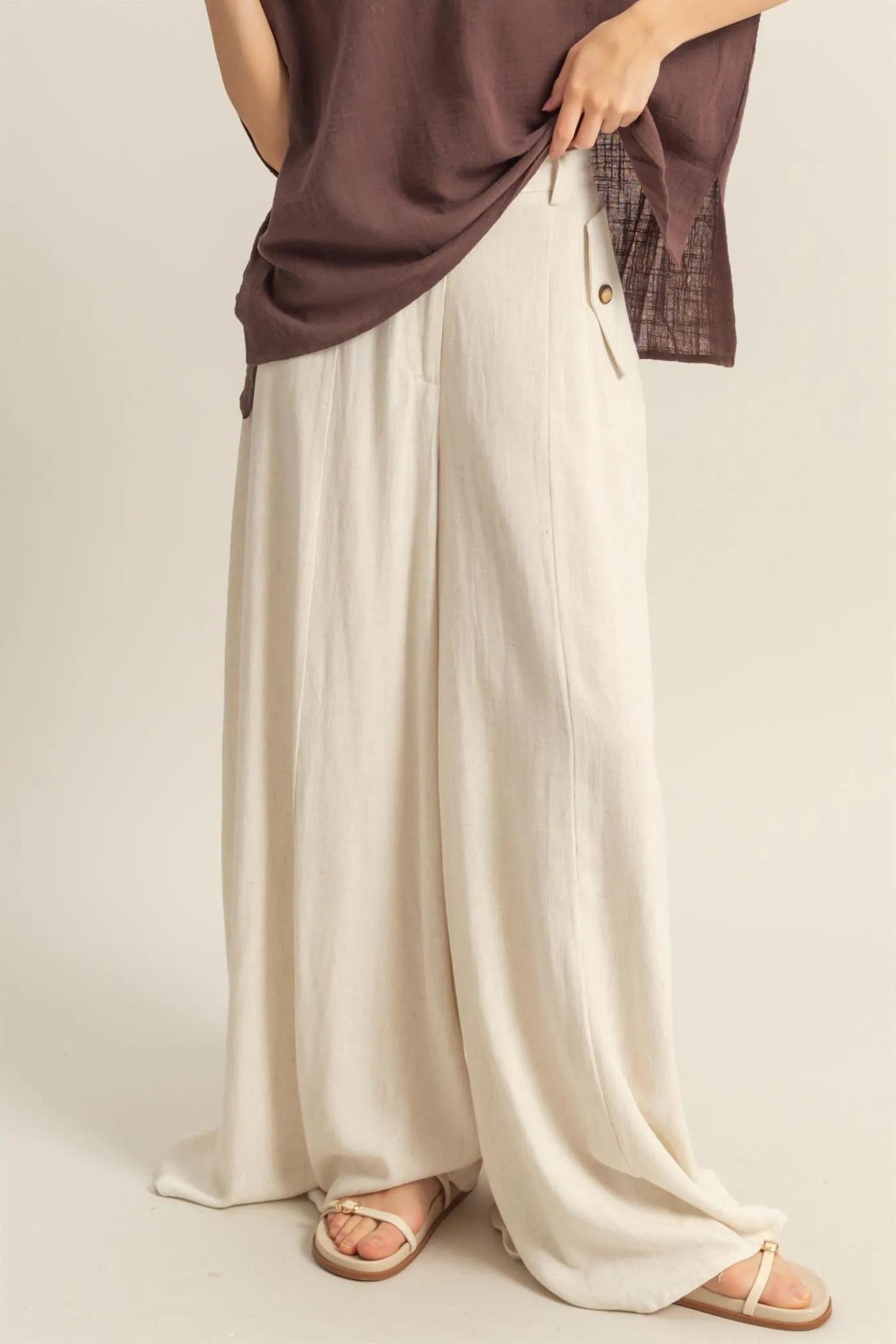 HF25C204-Linen Blended High Waist Flowy Pants