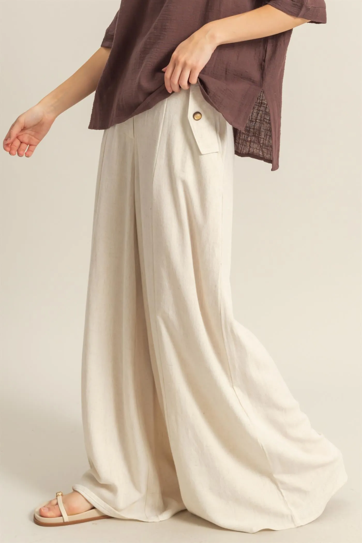 HF25C204-Linen Blended High Waist Flowy Pants