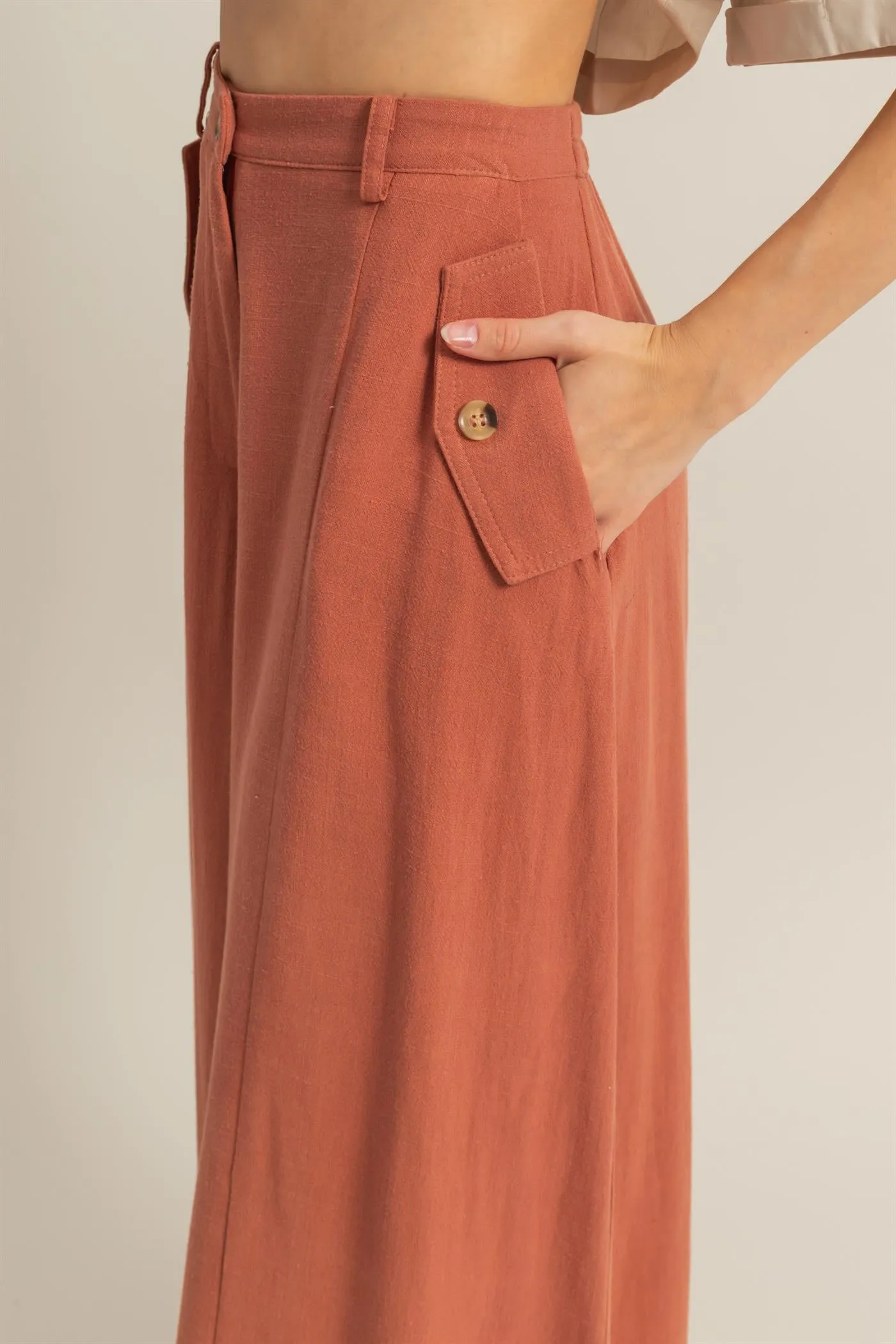 HF25C204-Linen Blended High Waist Flowy Pants