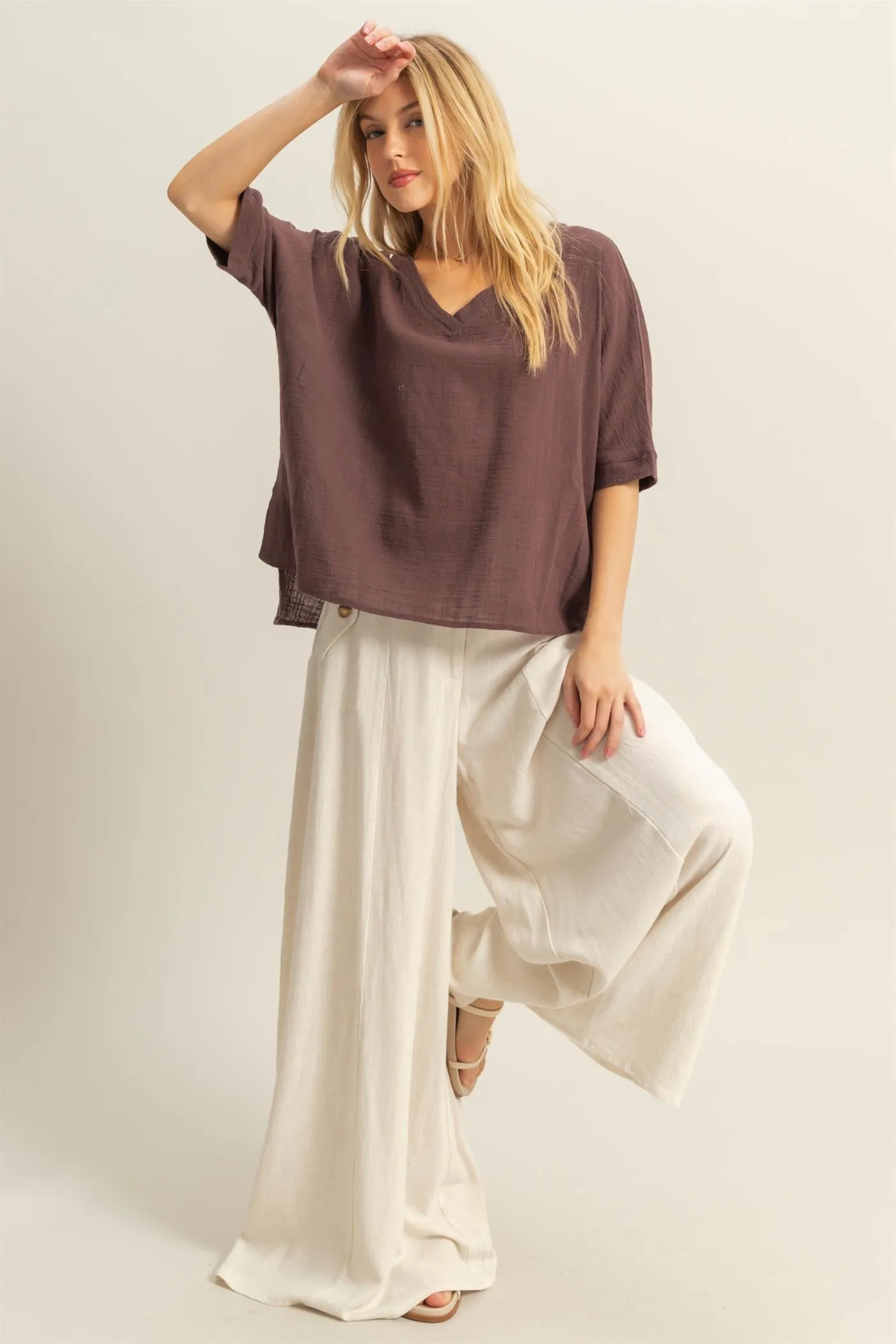 HF25C204-Linen Blended High Waist Flowy Pants